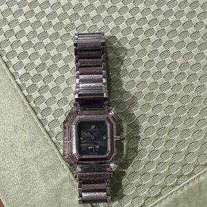 Swarovski Silver-Tone Crystal Octagon Bracelet Watch with Black Dial